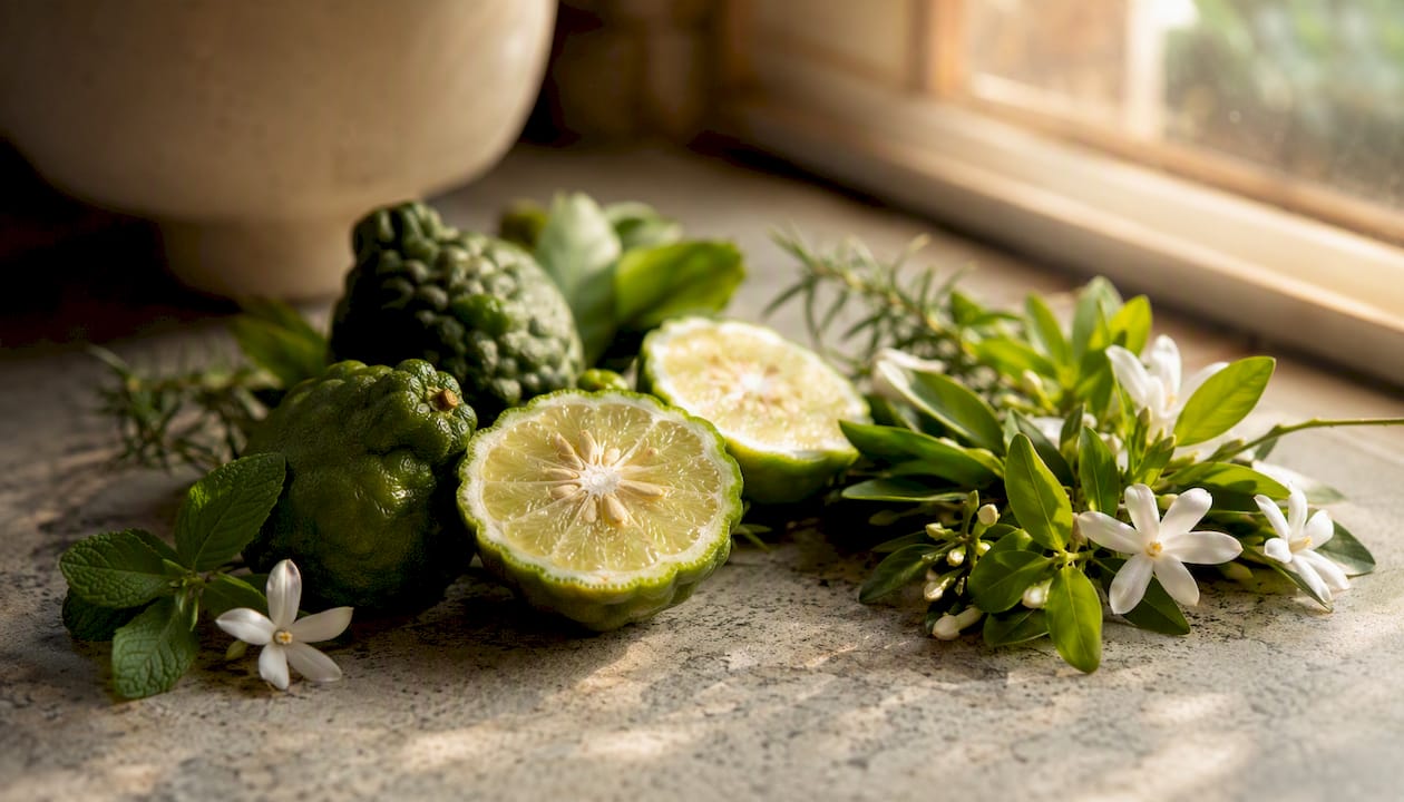Bergamot fruit and flowers on wood