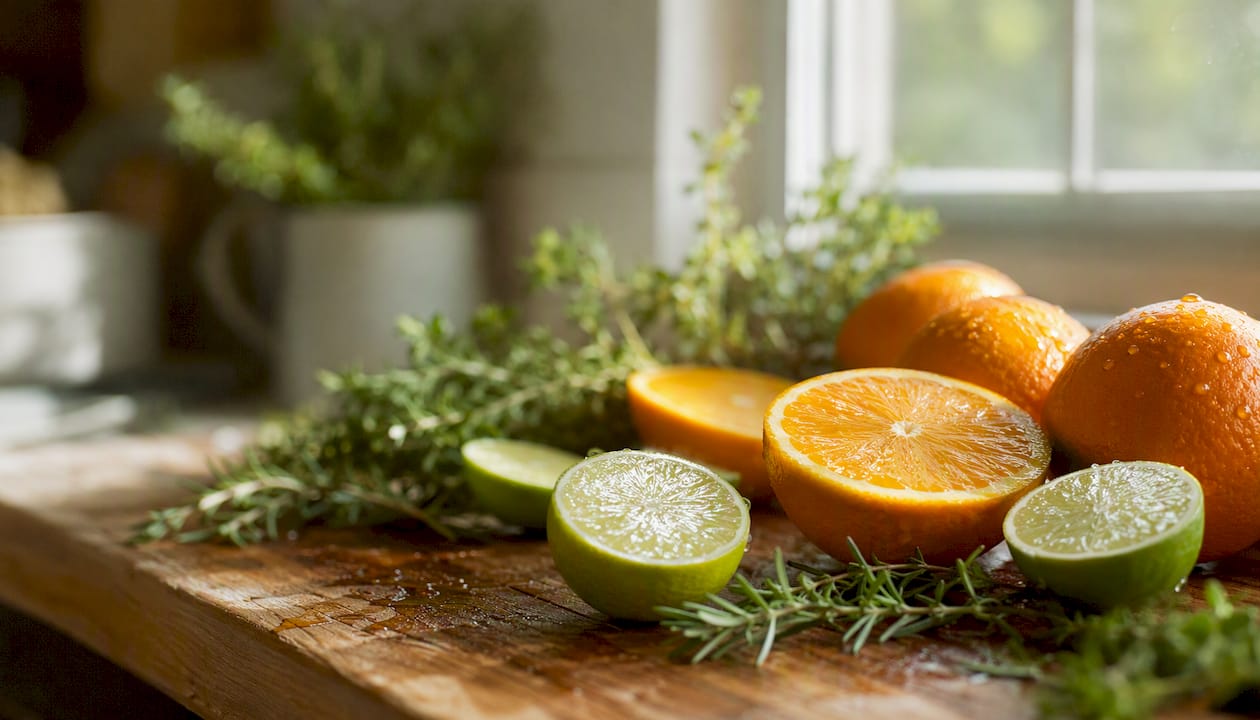 Fresh citrus fruits and herbs on wooden surface