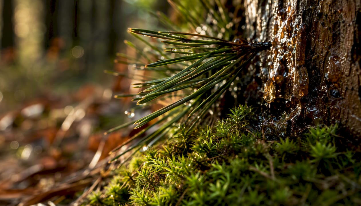 Close-up of pine needles and forest resin
