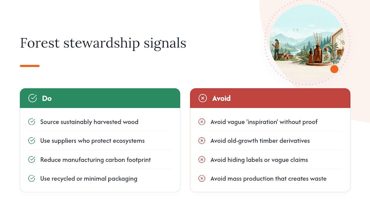 How "forest stewardship" connects to fragrance production and branding — overview diagram