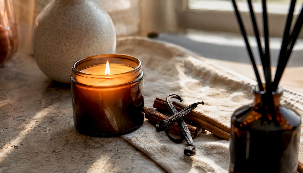 Amber candle and spices for cozy fragrance layering