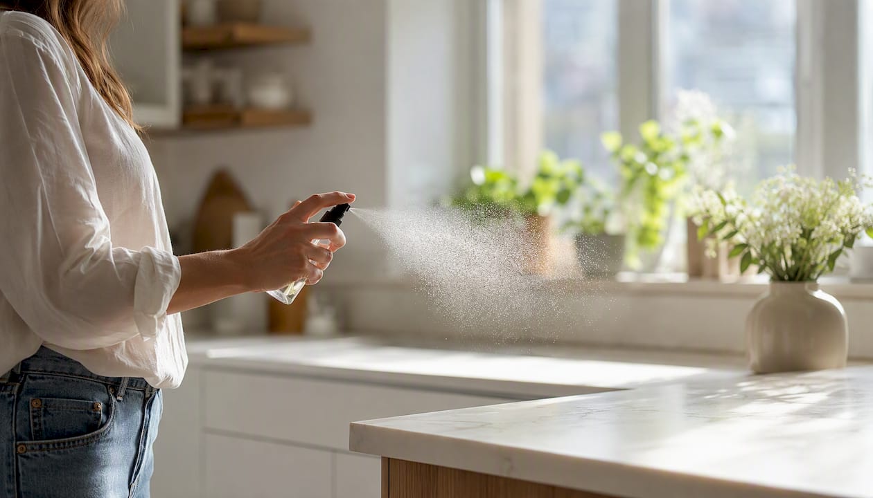 Hand spraying room spray in kitchen air