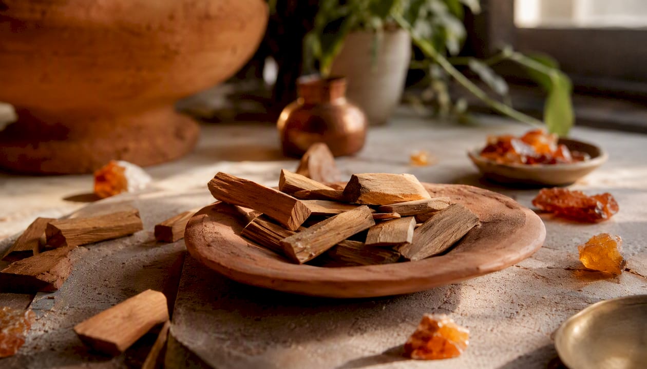 Sandalwood and amber representing base fragrance notes
