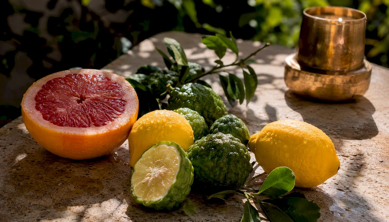 Citrus fruits representing top fragrance notes
