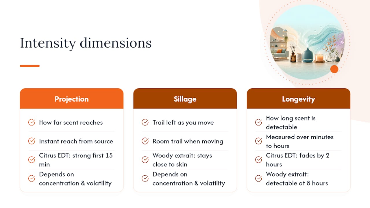 Diagram comparing fragrance projection, sillage, and longevity