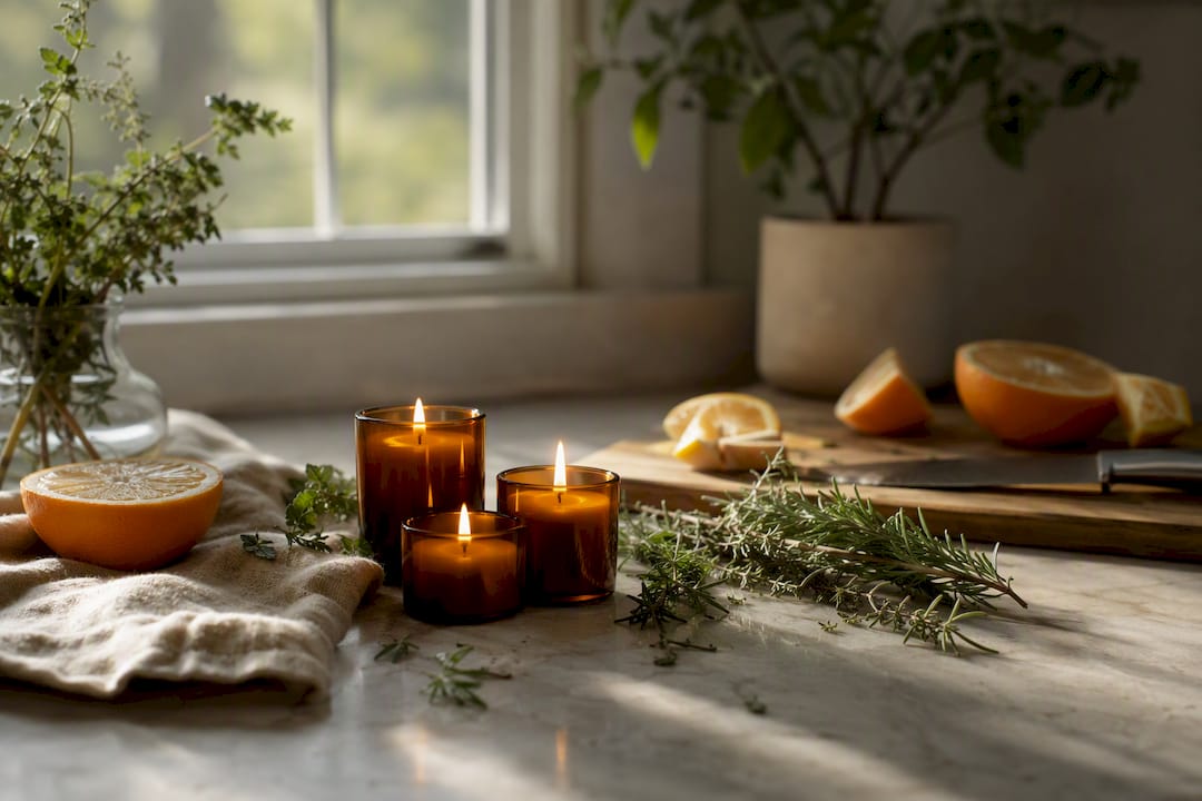 Curated candles with green leaves on fabric