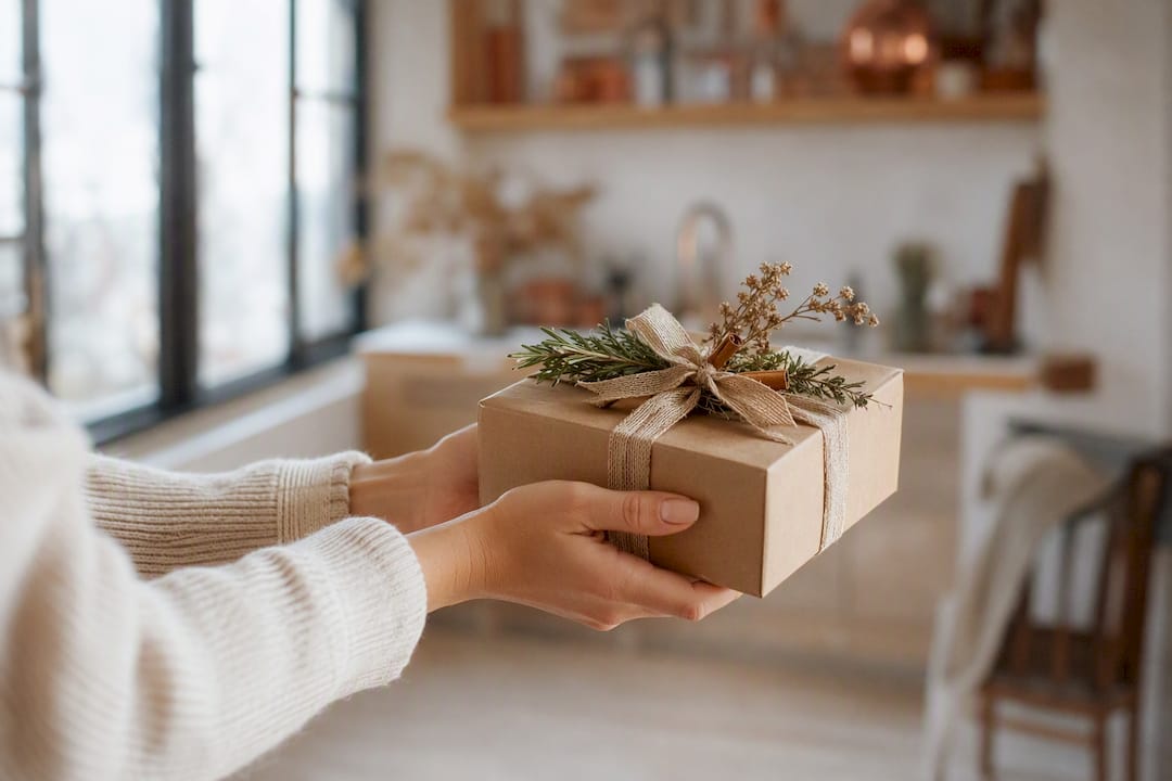 Hands presenting wrapped handcrafted gift