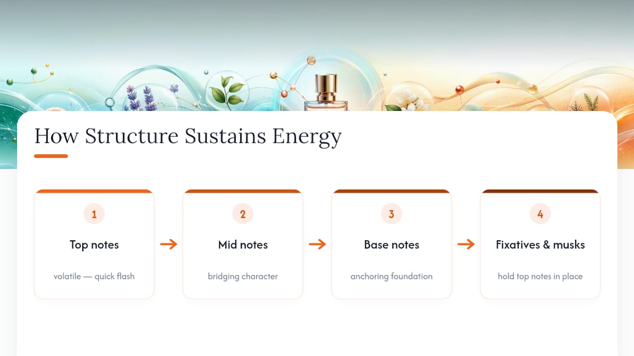 Diagram of fragrance note roles and scent longevity