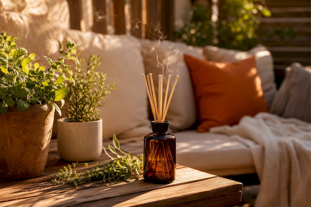 Diffuser releasing mist in living room corner