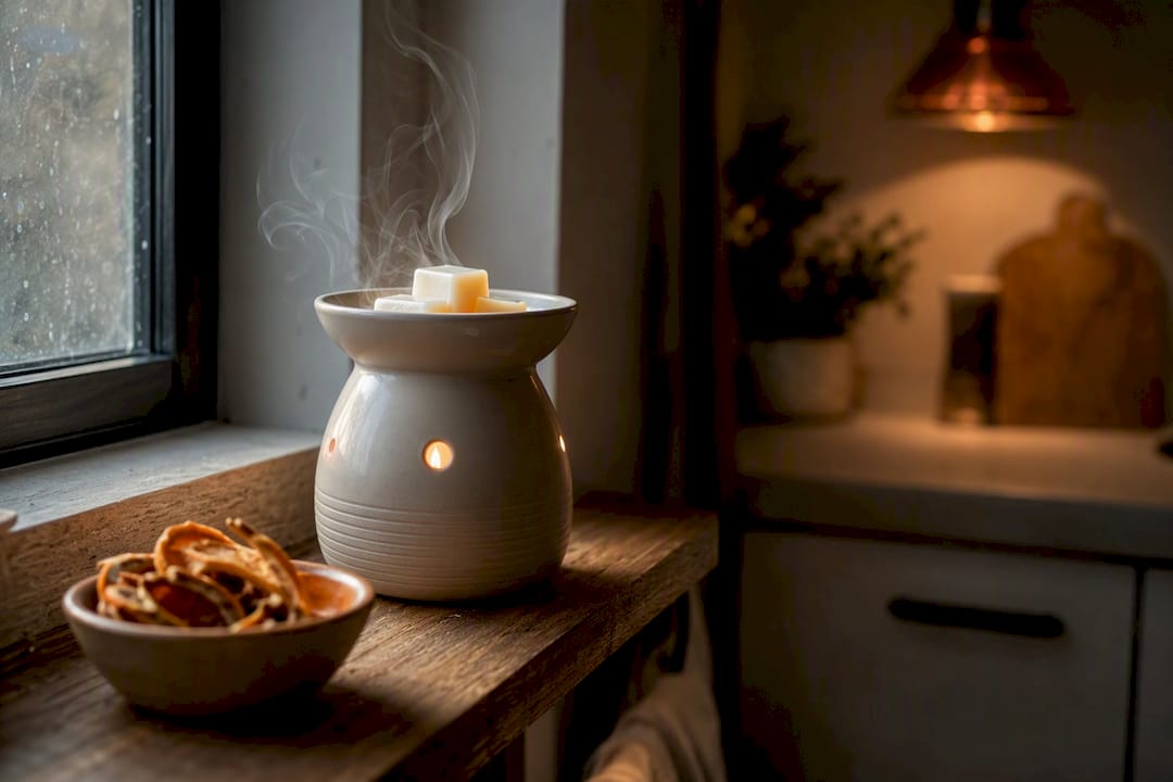 Warm ceramic wax melts warmer with melting wax and vapor