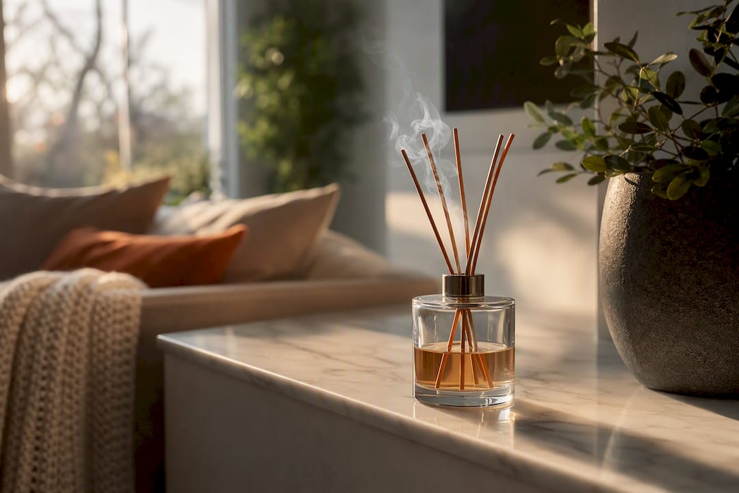 Reed diffuser softly releasing scent indoors