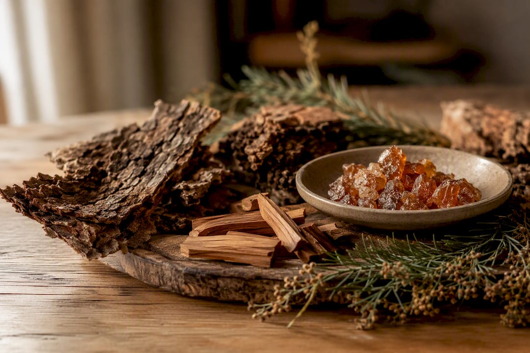 Woody cedar and sandalwood scent ingredients on table
