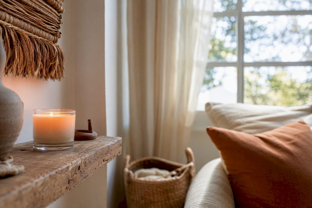 Sunlit room with candle and dried flowers