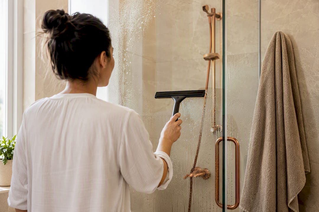 Squeegeeing water from a shower wall