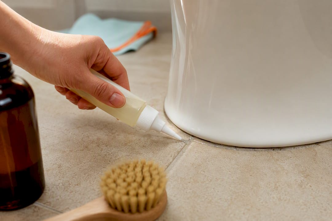 Applying enzymatic cleaner along bathroom grout