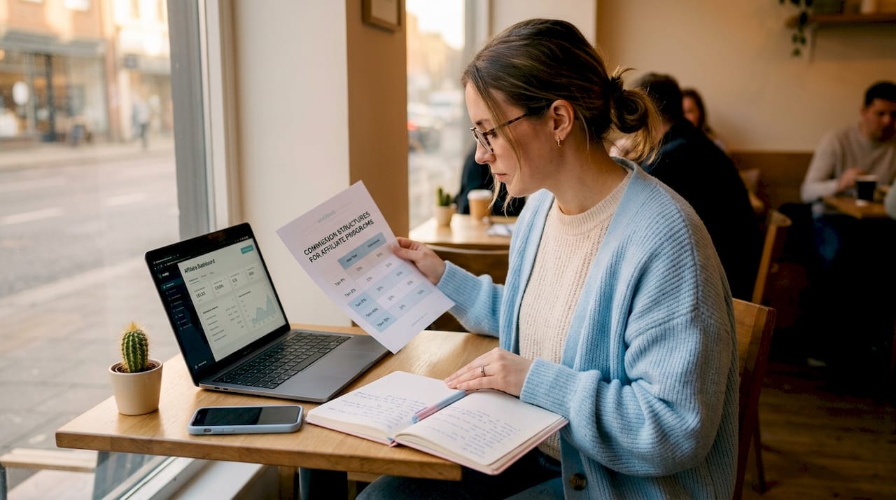 Businesswoman reviewing affiliate commission chart at café