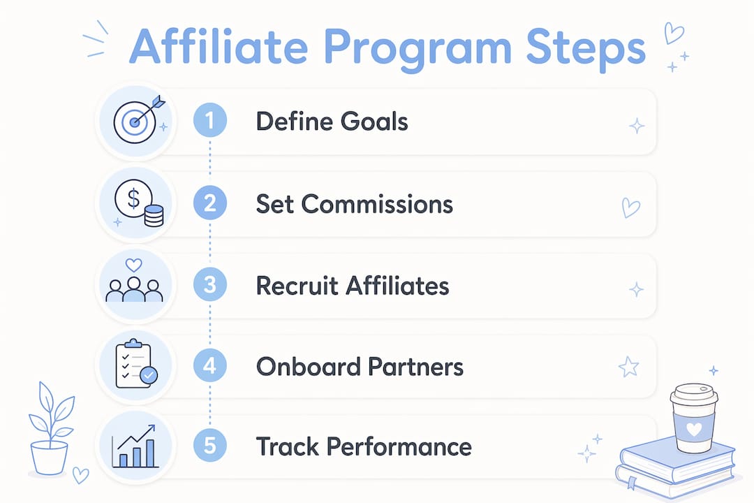 Infographic illustrating five key steps to start an affiliate program