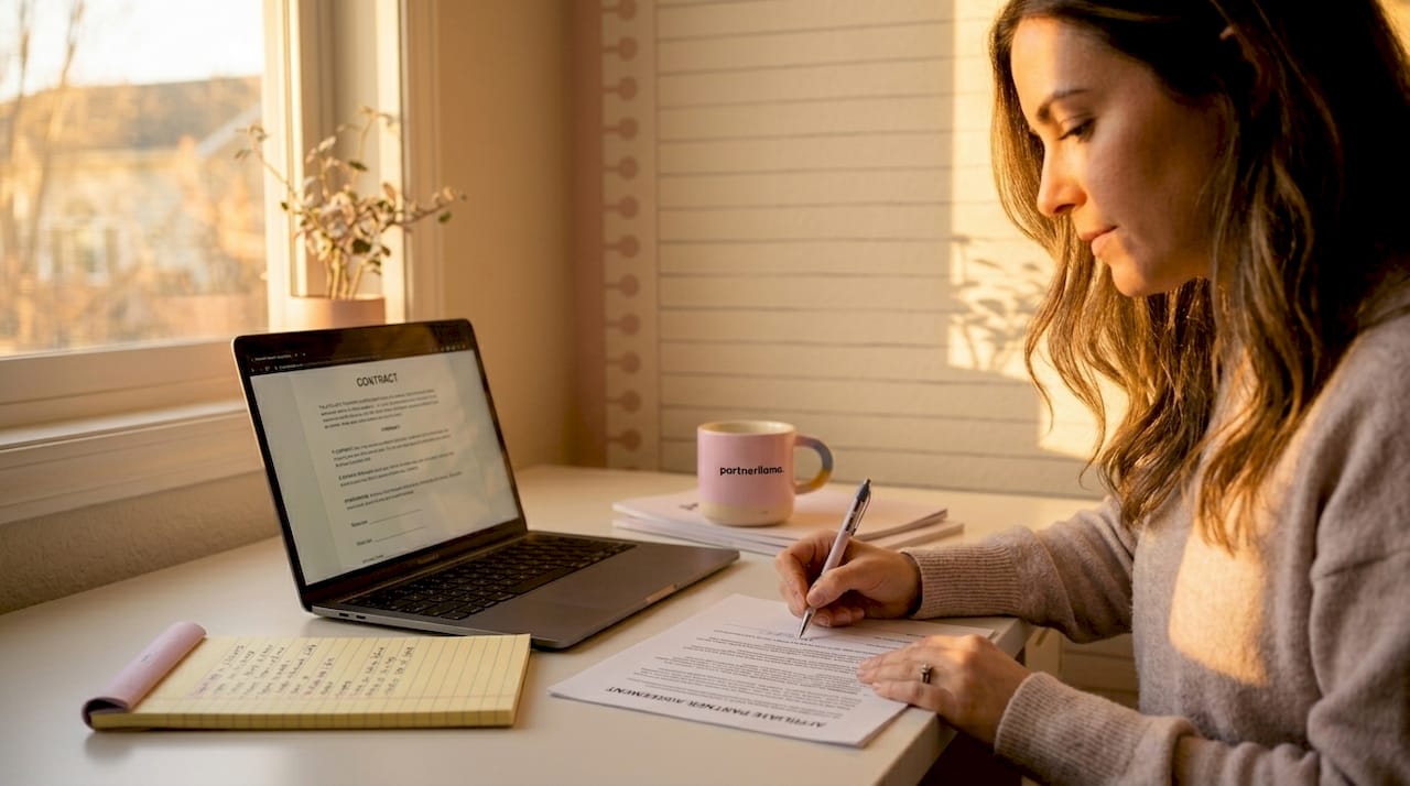 Person reviewing affiliate agreement documents at desk