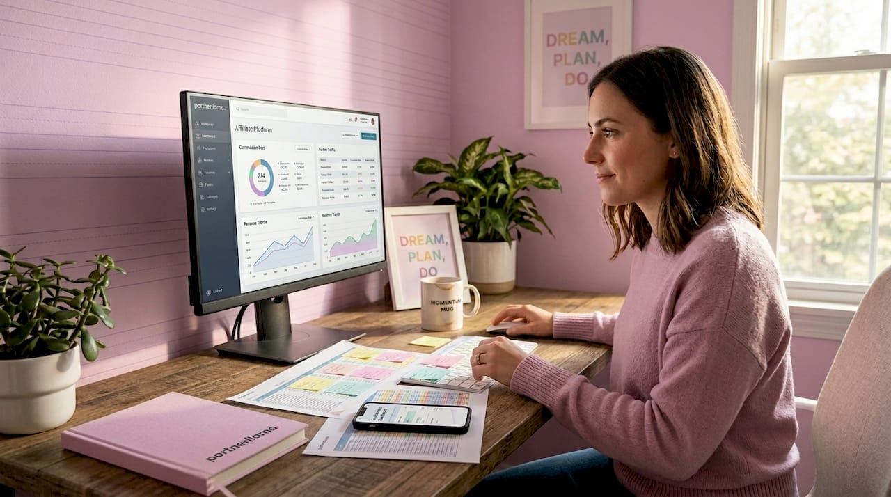 Marketer reviewing affiliate platform reports at desk