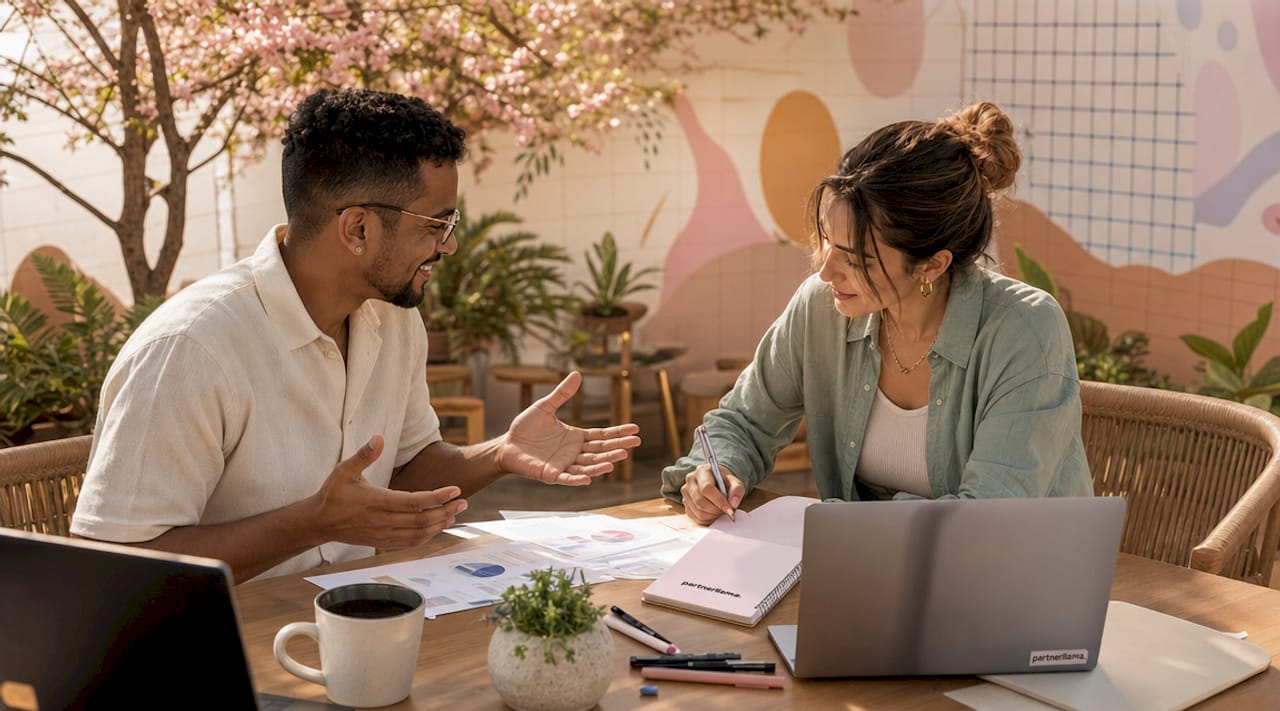 Marketers collaborating at shared workspace