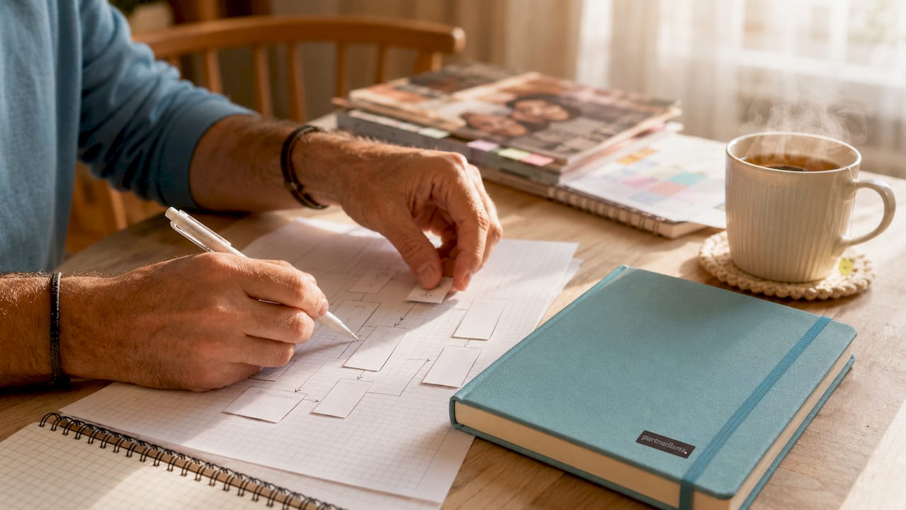 Hands drawing affiliate link flowchart on table