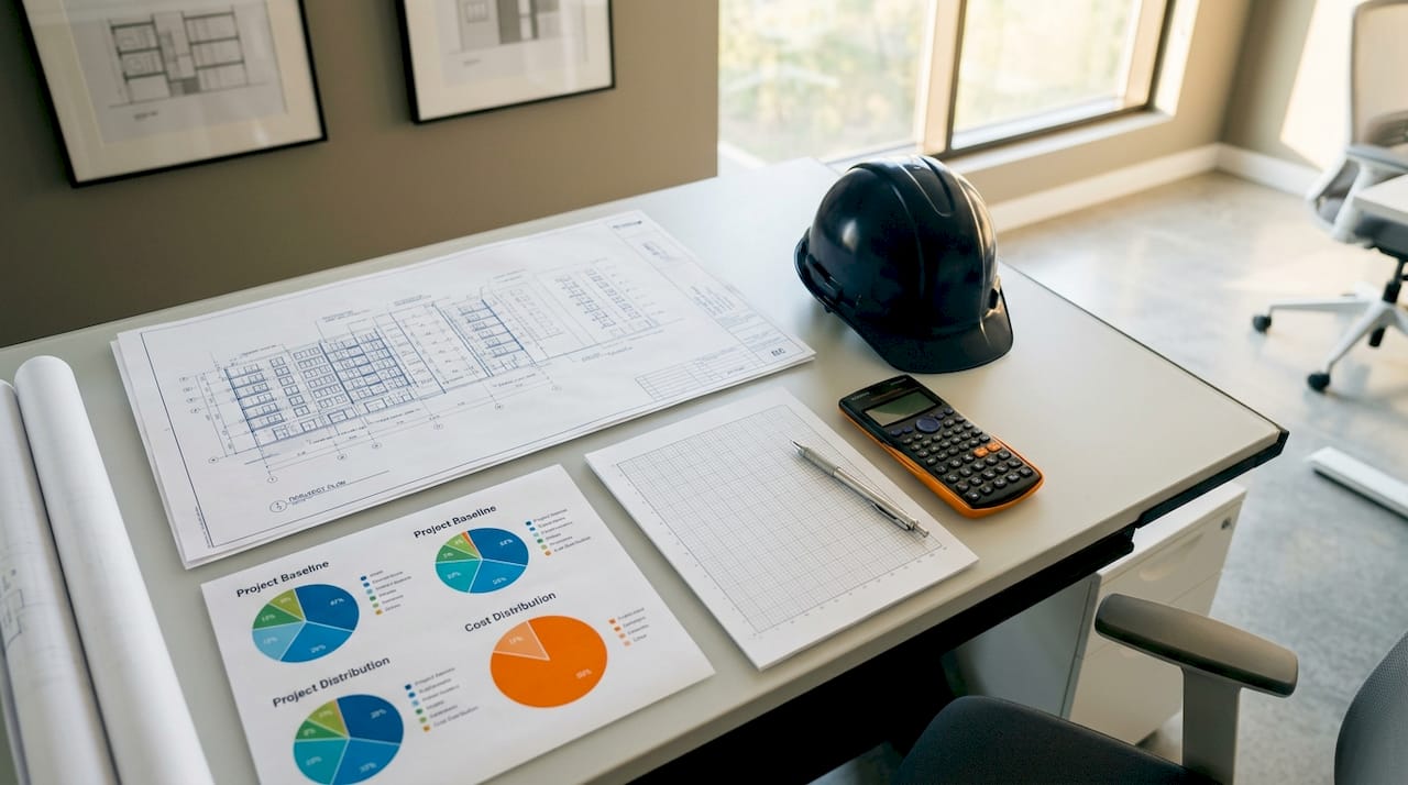 Time-phased project budget documents on drafting table