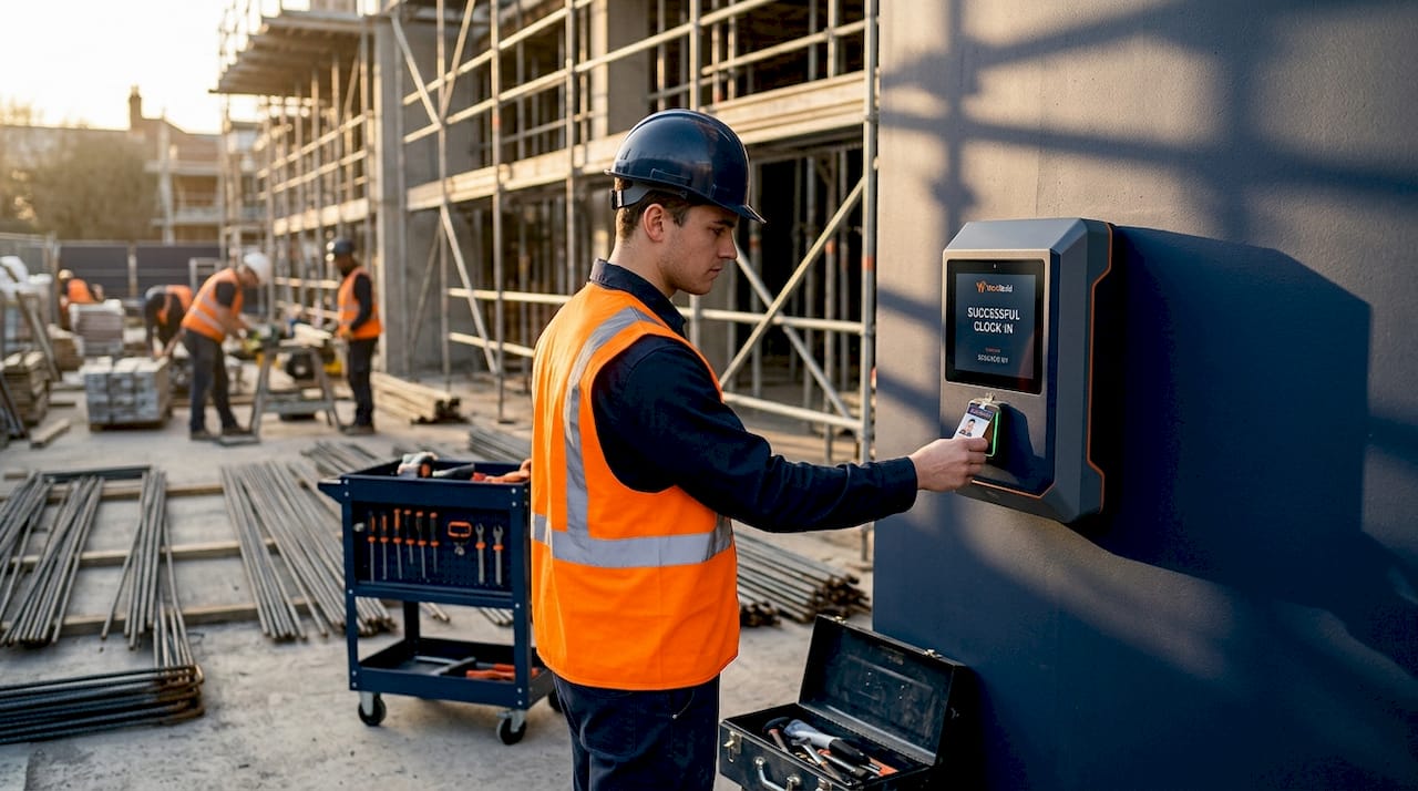 Construction worker clocking in time electronically