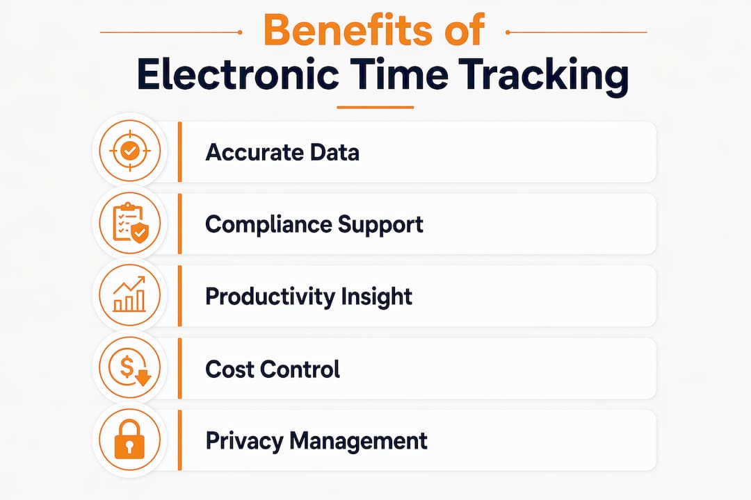 Infographic displaying benefits of electronic time tracking