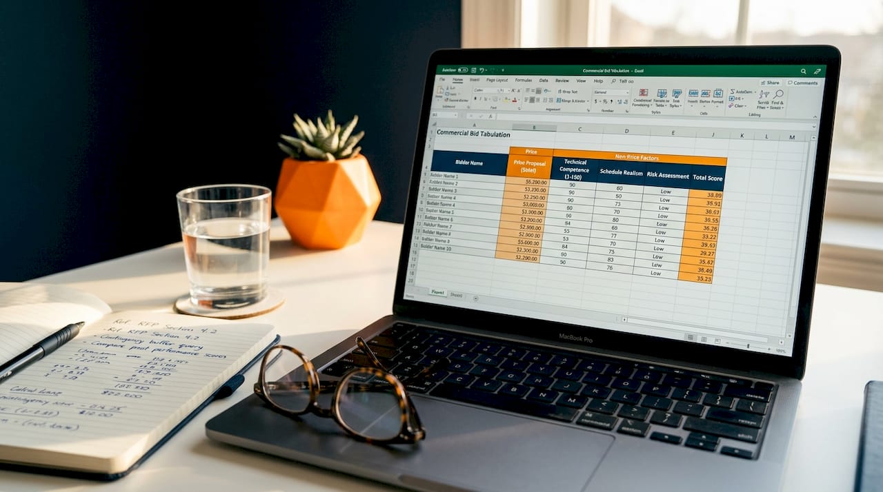 Close-up of bid tabulation spreadsheet on laptop