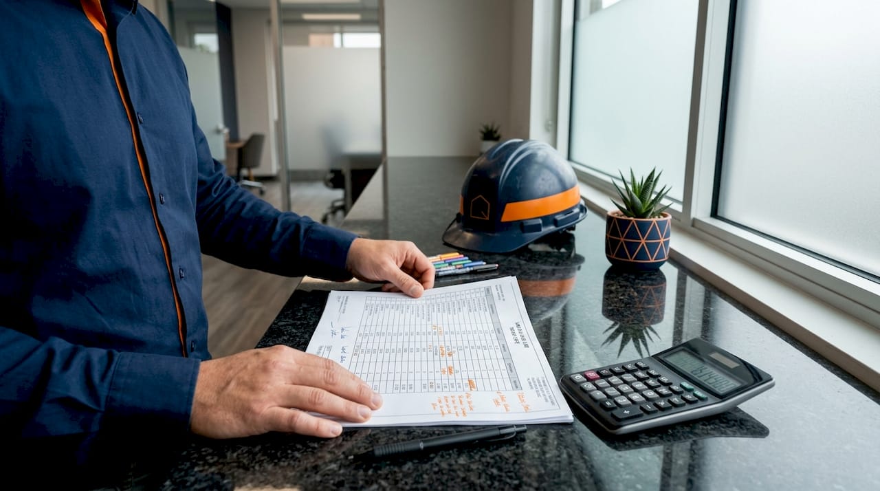 Hands arranging detailed material takeoff sheet