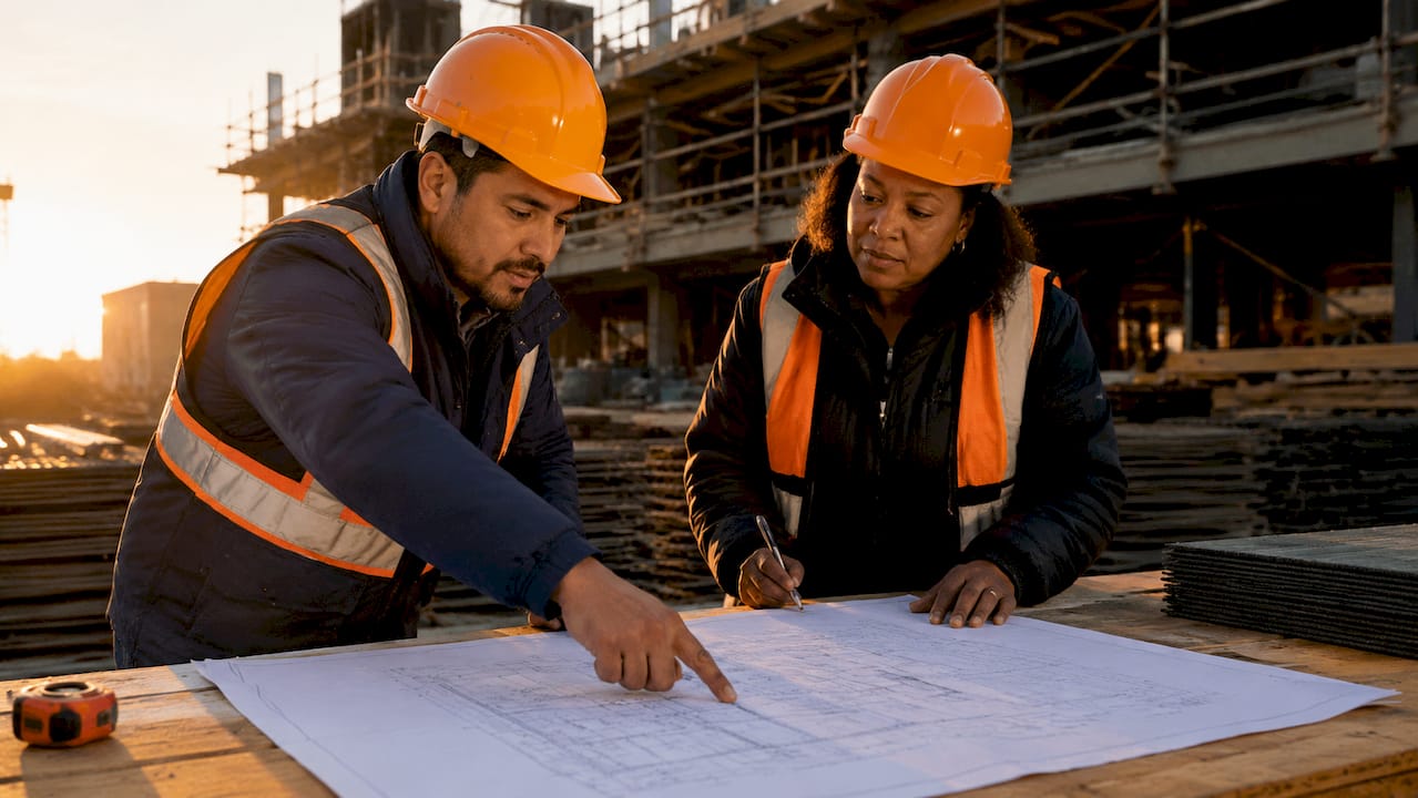 Subcontractor discussing plans with general contractor on site