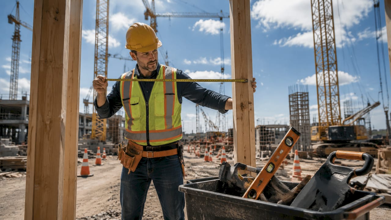 Foreman measuring wood framing on construction site