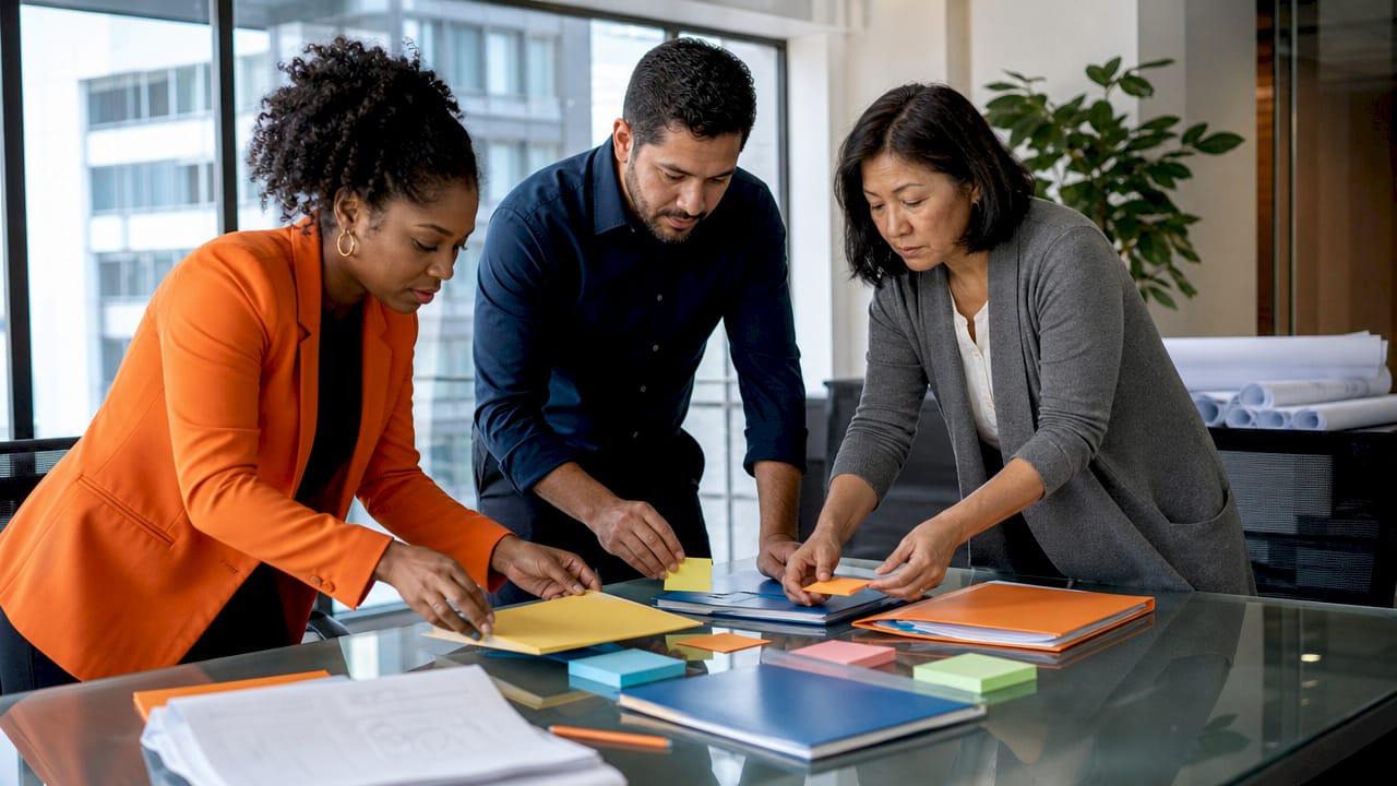 Hands organizing multiple bid folders on table
