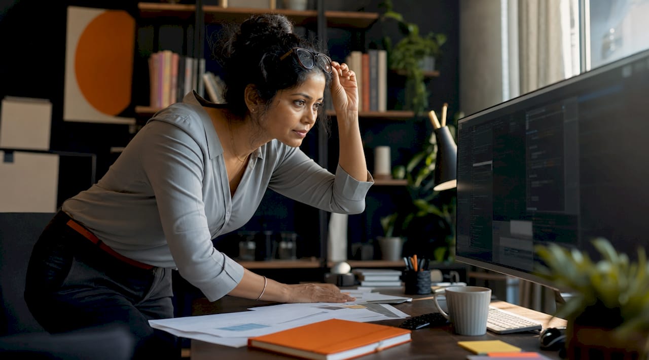 Woman using bid tracking software at office desk