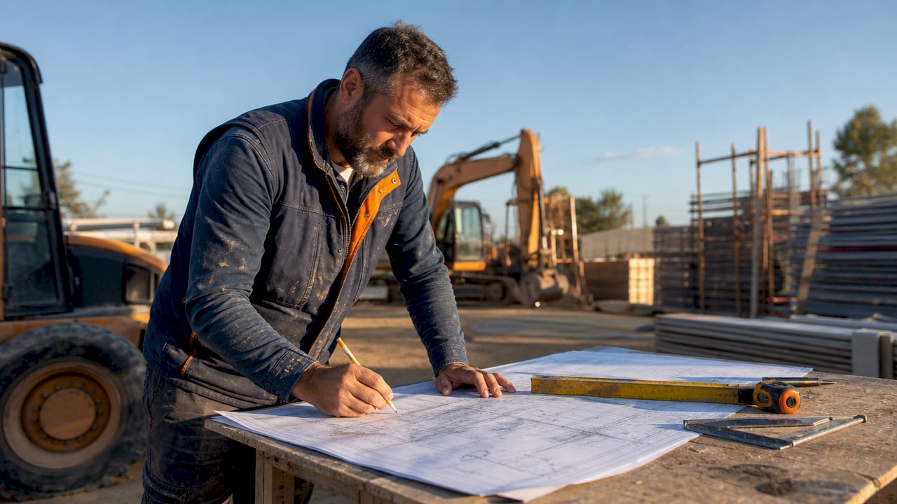 Subcontractor reviewing construction drawings