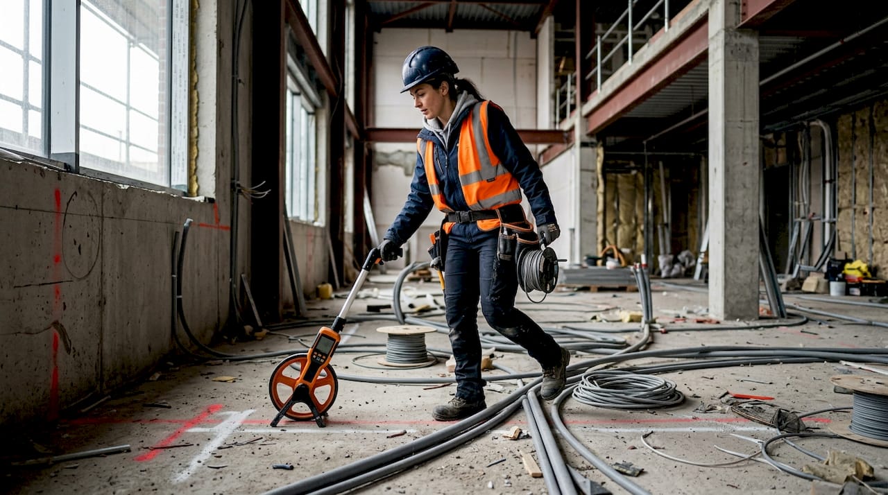 Electrician measuring conduit lengths on site
