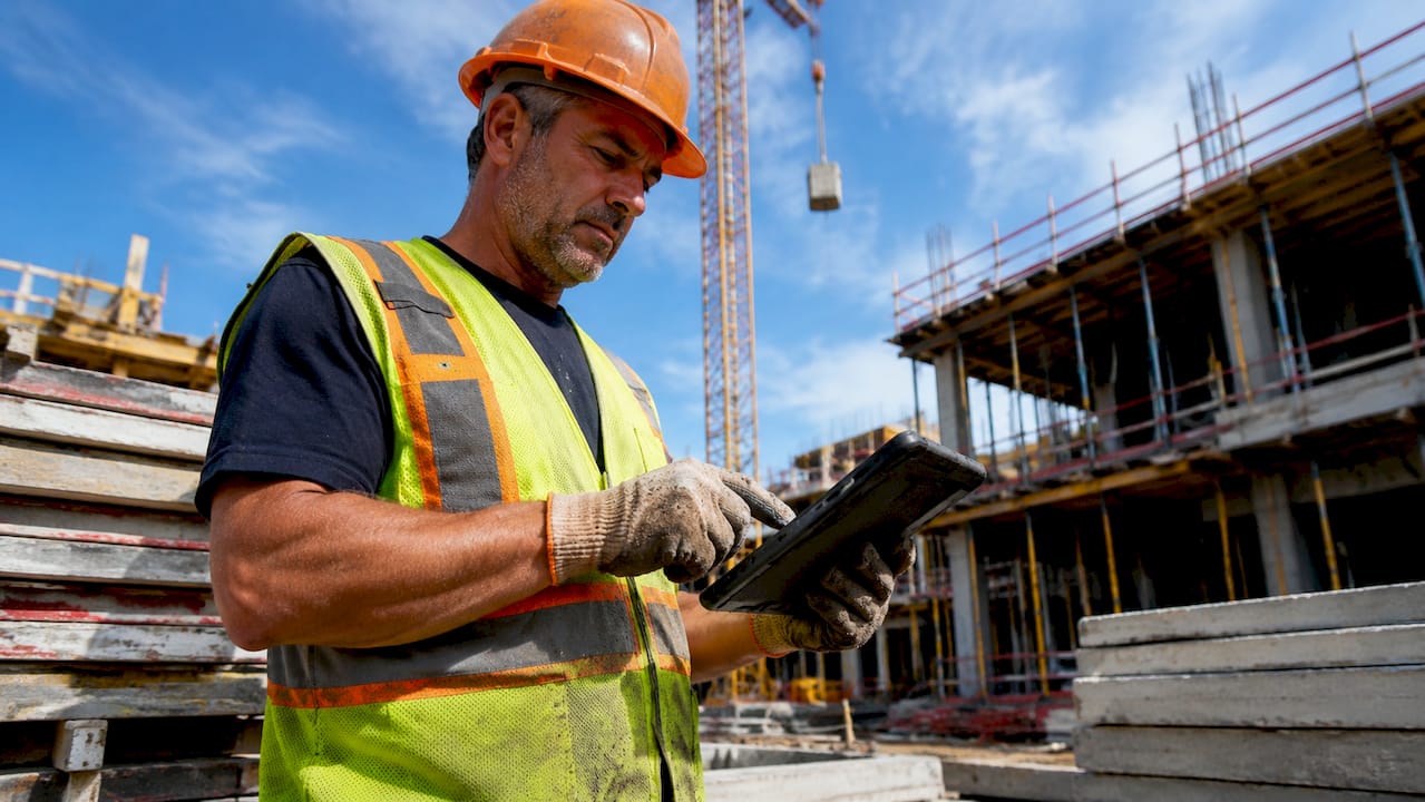 Subcontractor using tablet for time tracking outdoors