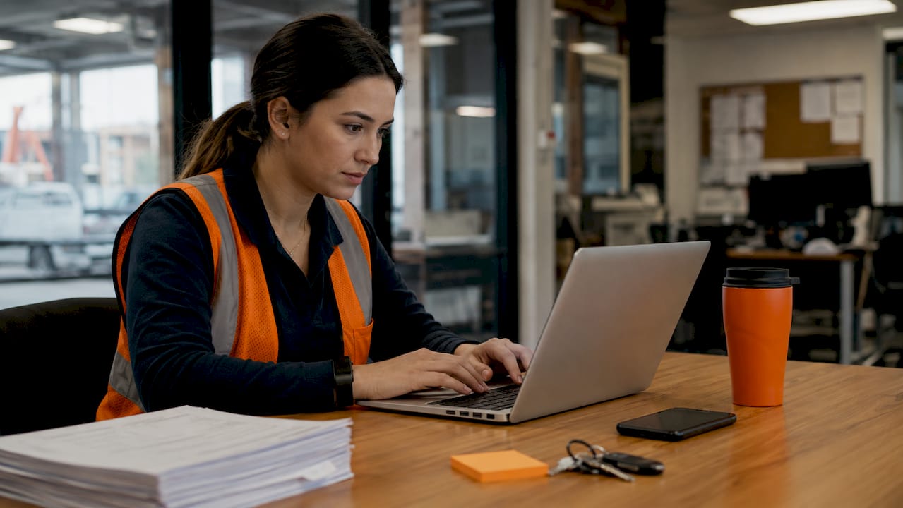 Hands typing payroll data on laptop with office desk