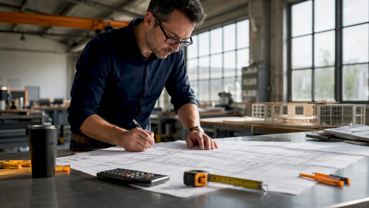 Estimator tracing construction blueprint at drafting table