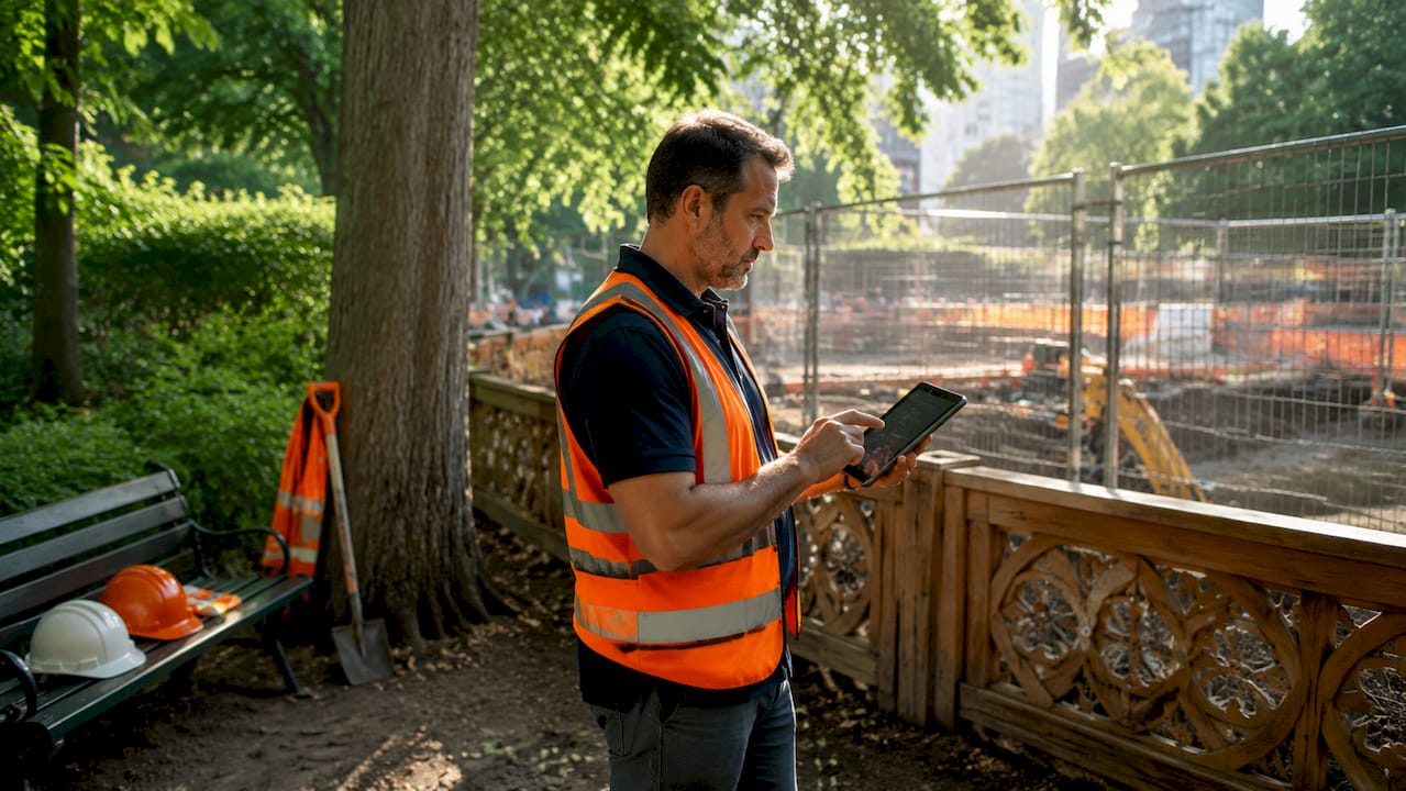 Supervisor using tablet outside job site gate