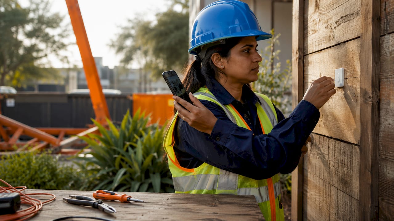 Technician tapping phone on NFC tag at workstation