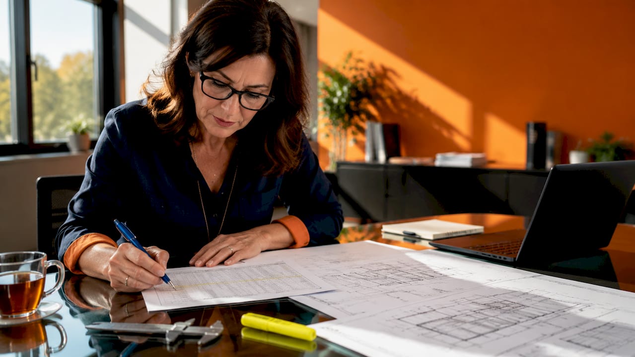 Construction estimator reviewing blueprints and material takeoff