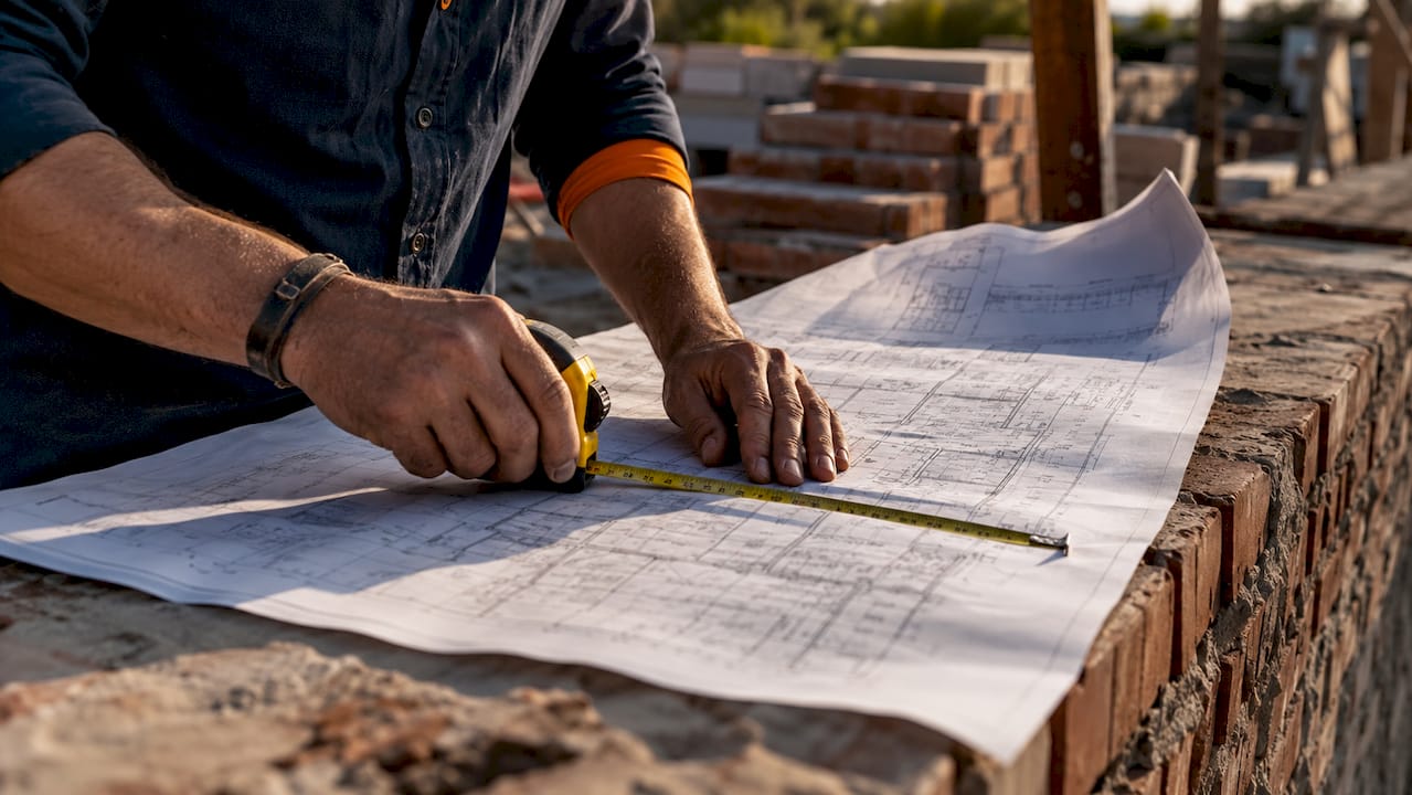 Estimator measuring material lengths on blueprint