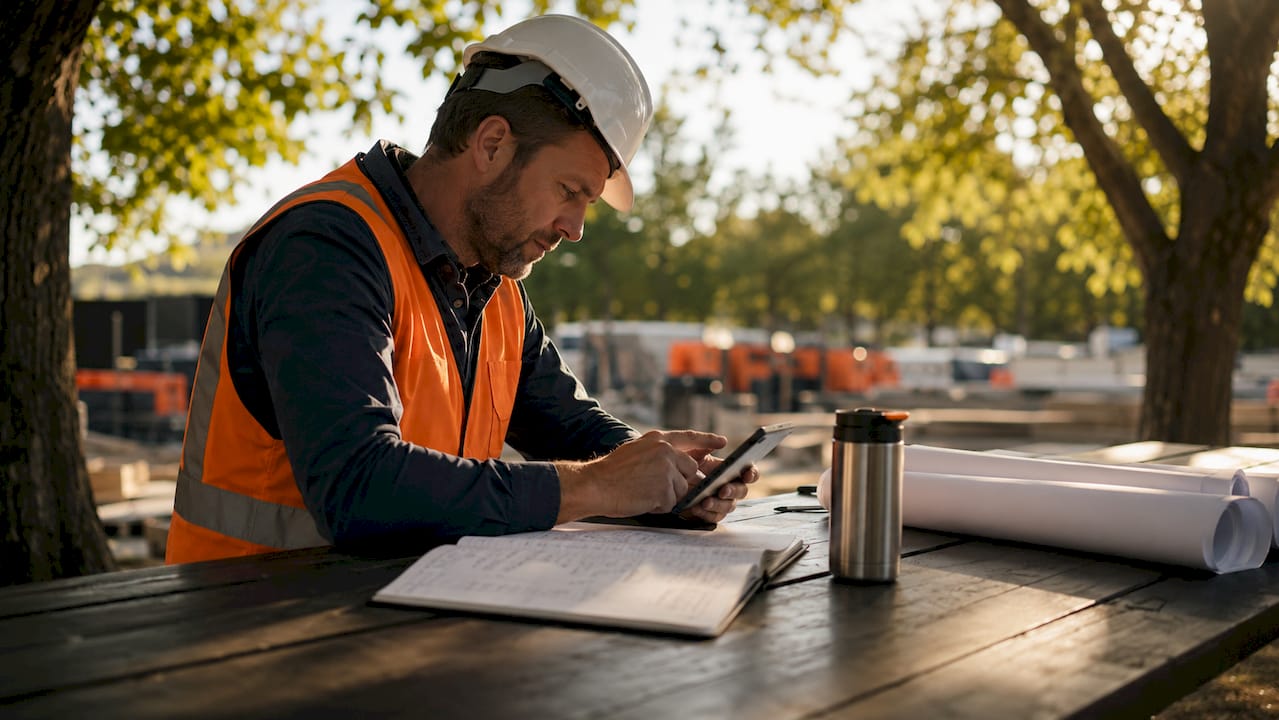 Construction manager reviewing live budget data on tablet