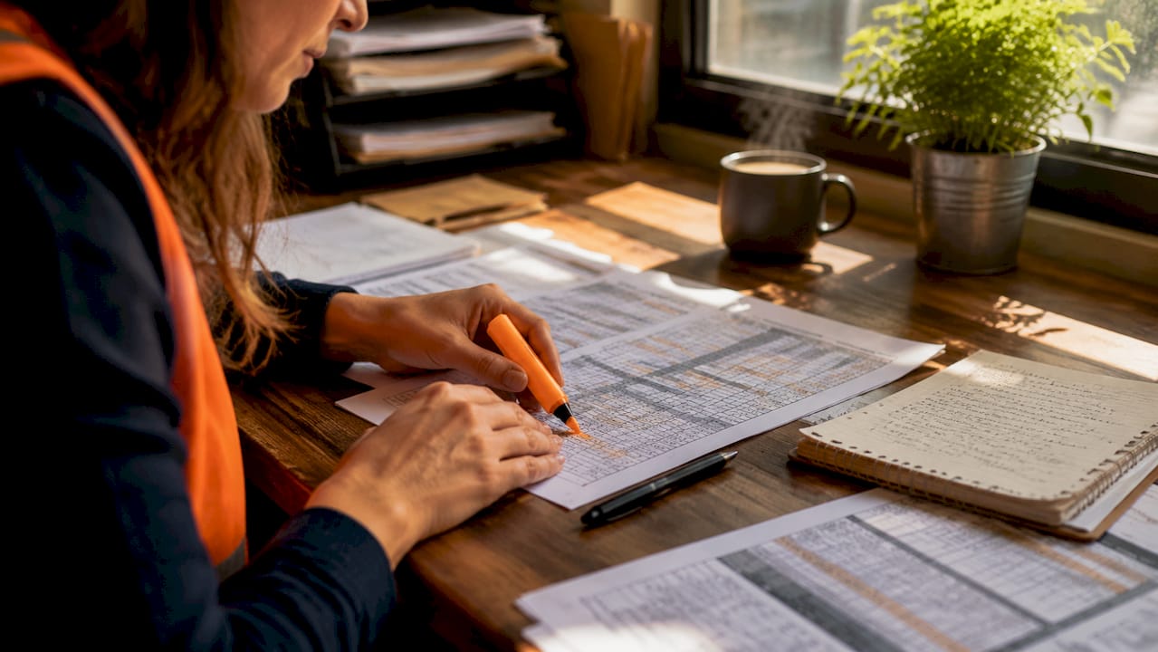 Hands organizing job cost coding sheets overhead view