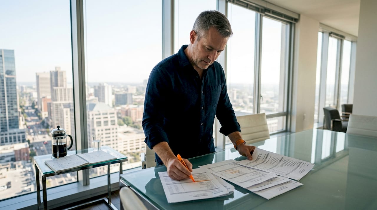 Contractor reviewing construction bids at conference table