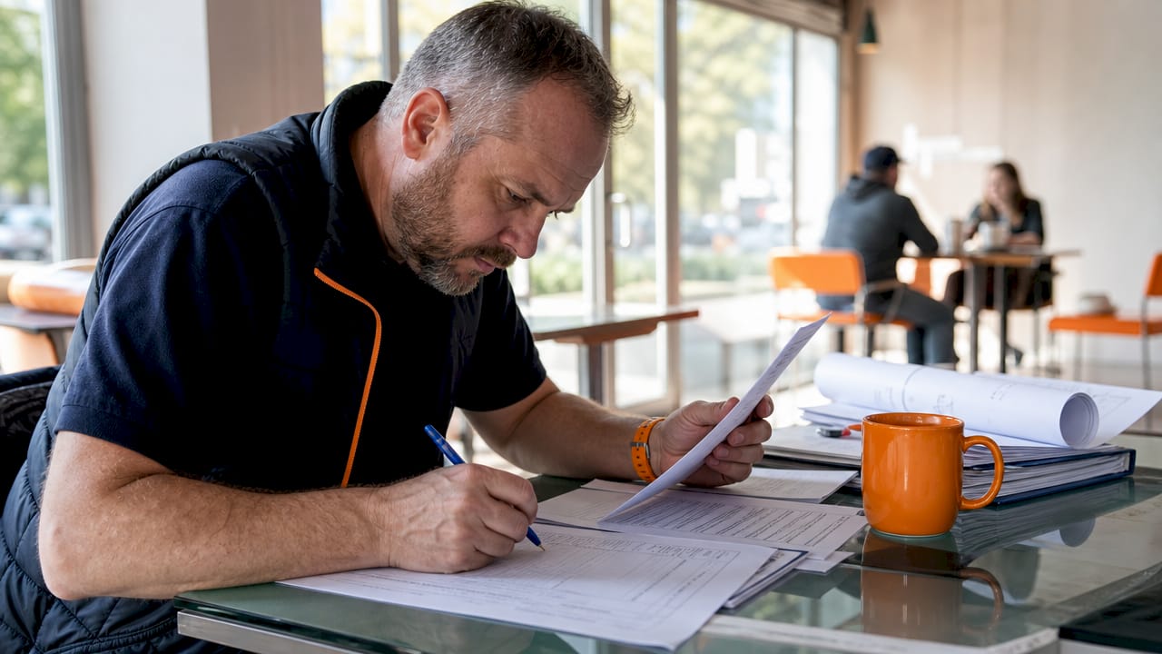 Subcontractor reviewing bid documents at desk
