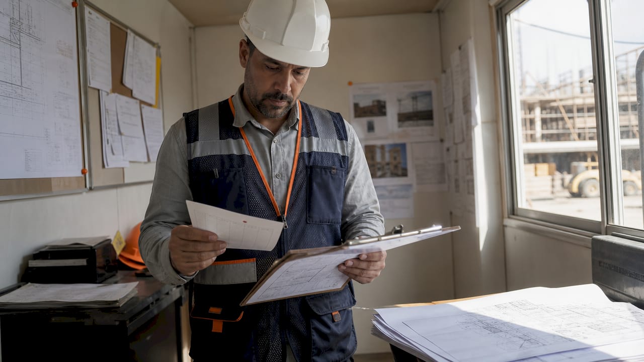 Supervisor checking time cards at construction site