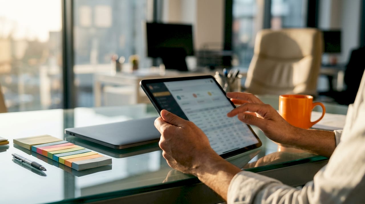 Hands scrolling bid management app on phone