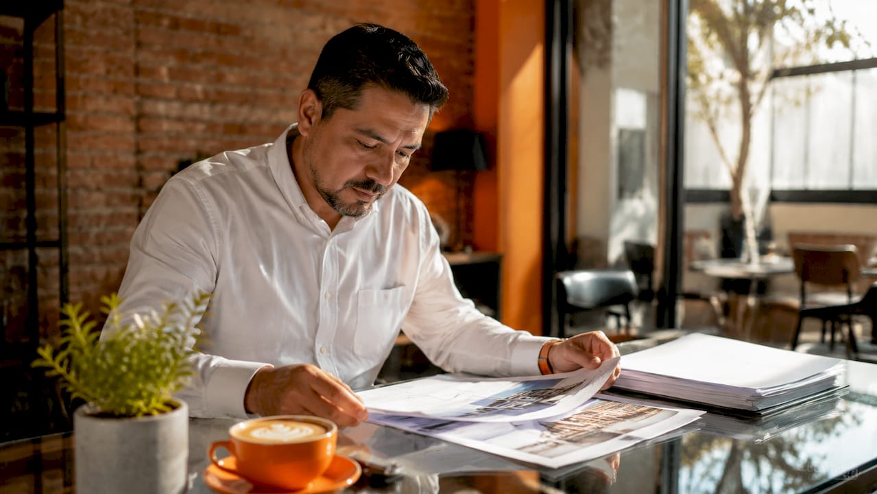 Commercial subcontractor reviewing printed bids